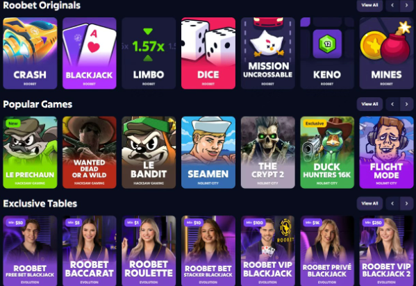 A Roobet gaming website screenshot displaying 'Rooobet Originals' (Crash, Blackjack, Limbo, Dice, Mission Uncrossable, Keno, Mines), 'Popular Games' (Le Prechaun, Wanted or a Wild, Le Bandit, Seamen, The Crypt 2, Duck Hunters 16K, Flight Mode), and 'Exclusive Tables' (Roobet Crossy Roobet Blackjack, Roobet Baccarat, Roobet Roulette, Roobet Bet Stacks Blackjack, Roobet VIP Blackjack, Roobet Private Blackjack, Roobet VIP Blackjack 2).