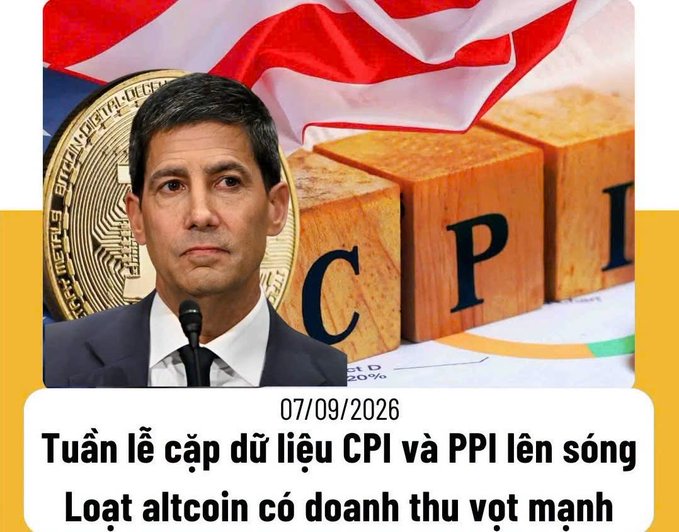 A Vietnamese news graphic dated 07/09/2026 featuring a man in a suit against a backdrop of a Bitcoin coin, American flag, and CPI blocks, with text about the upcoming week of CPI and PPI data releases and altcoins seeing strong revenue.