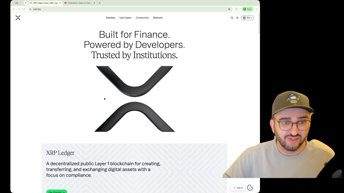 A man wearing a cap and glasses appears in a webcam overlay on the right while showcasing the newly redesigned xrpl.org homepage, which features the tagline "Built for Finance. Powered by Developers. Trusted by Institutions." alongside the XRP Ledger's stylized "X" logo. The screenshot highlights the updated design and structure of the official XRP ecosystem site, reinforcing the post's emphasis on the platform's importance for education and institutional reference.