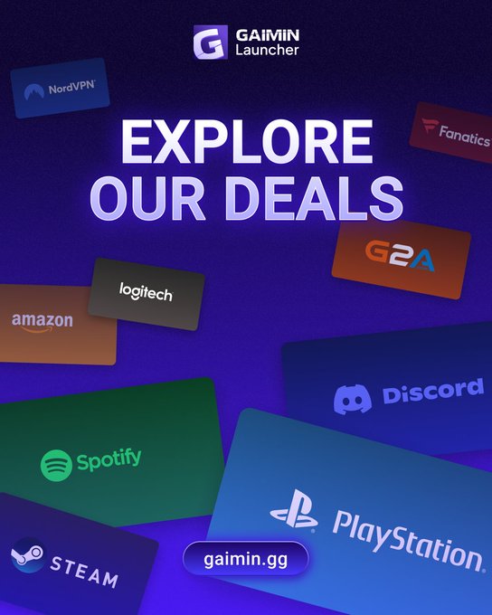 A promotional graphic for 'GAIMIN Launcher' with text 'EXPLORE OUR DEALS' and the URL 'gaimin.gg', surrounded by logos of brands like Spotify, PlayStation, and Steam.