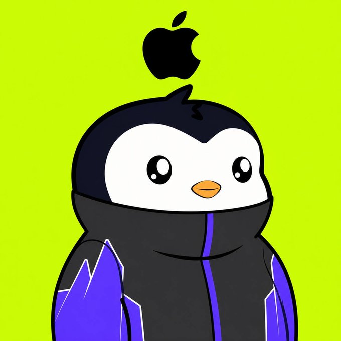 A cartoon penguin mascot in a black hooded outfit with purple accents, with the Apple logo positioned above its head, set against a bright yellow-green background.