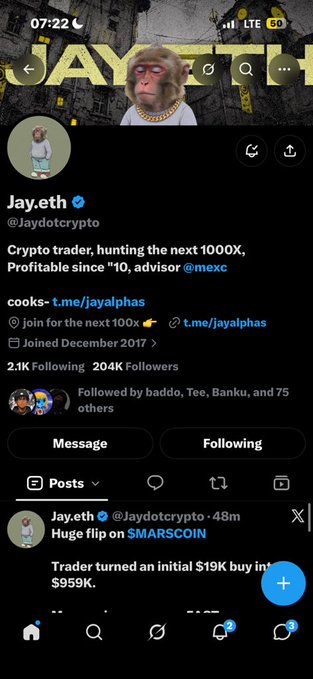 A Twitter/X profile for Jay.eth (@Jaydotcrypto), a verified crypto trader with 204K followers, whose bio reads 'Crypto trader, hunting the next 1000X, Profitable since '10, advisor @mexc'.