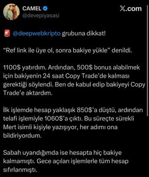 Turkish Twitter screenshot from @devepiyasasi warning @deepwebkripto about a scam where an account balance grew from 850$ to 1060$ via a fake 'Copy Trade' before being wiped.