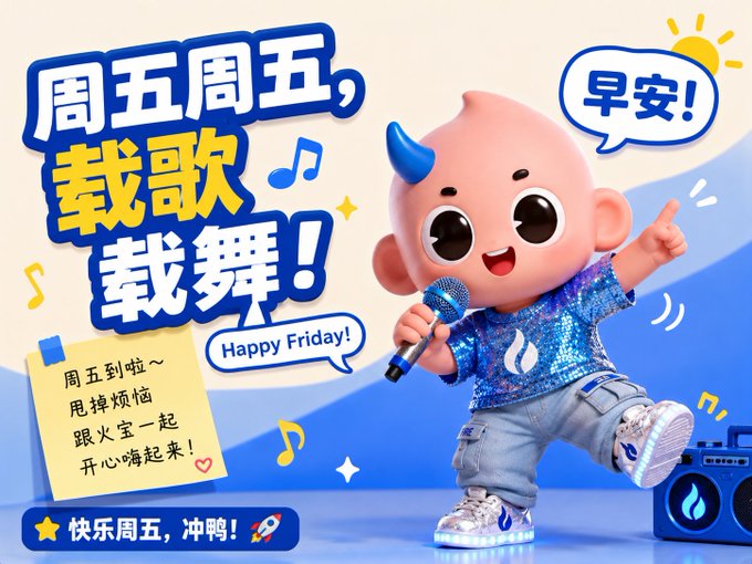 A cheerful cartoon mascot with blue horns, wearing a sparkly blue shirt and holding a microphone, dances energetically with speech bubbles reading "早安!" (Good morning!) and "Happy Friday!" alongside Chinese text promoting "周五周五，载歌载舞!" (Friday Friday, sing and dance!), perfectly matching the post's playful Friday mood check-in inviting followers to share their end-of-week vibe.