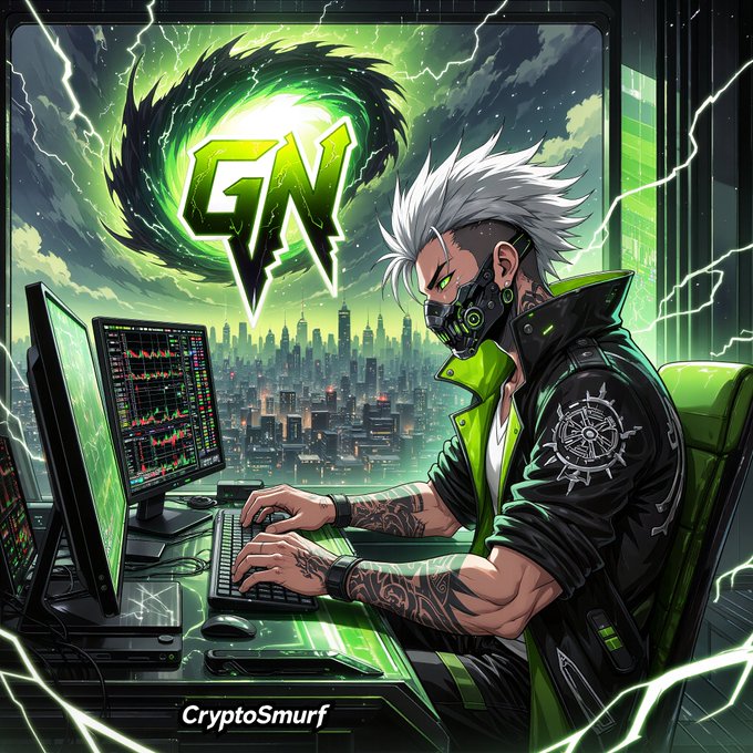 An anime-style illustration of a white-haired character with green eyes wearing a black mask and leather jacket, typing at a multi-monitor trading setup with a green 'GMGN' logo in a stormy sky above; labeled 'CryptoSmurf' at the bottom.