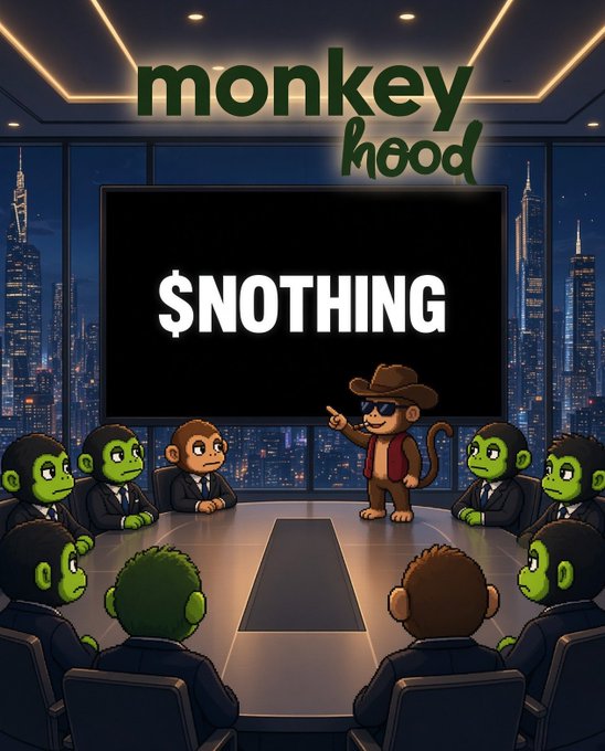 A cartoon illustration of a "monkey hood" boardroom meeting, where a cowboy-hat-wearing monkey presents a screen displaying "$NOTHING" to a table of suited green-faced monkeys.