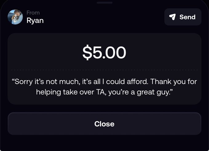 A mobile payment notification from Ryan sending $5.00 with the message, "Sorry it's not much, it's all I could afford. Thank you for helping take over TA, you're a great guy." This small tip accompanies the user's larger post where they offer to send $100 of $CATE tokens to join Ryan's community, showing their appreciation for his efforts with the $TA (Trump Account Fund) project despite not yet being verified to send $TA directly.