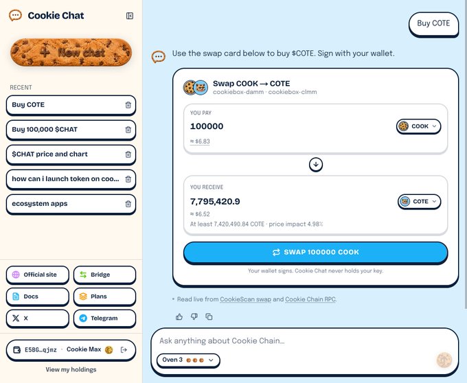 A screenshot of a 'Cookie Chat' interface showing a token swap transaction where 100,000 COOK (≈$6.83) is exchanged for 7,795,420.9 COTE (≈$6.52), with various quick-action buttons like 'Buy COTE' and 'Buy 100,000 $CHAT'.
