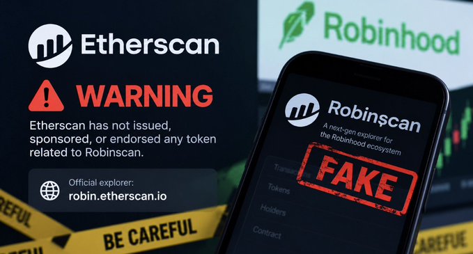 A warning graphic from Etherscan about a fake token called "Robinscan" claiming to be a next-gen explorer for the Robinhood ecosystem, with text noting Etherscan has not endorsed it and listing the official explorer as robin.etherscan.io.