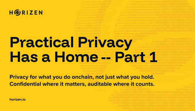 A yellow promotional banner for Horizen with the text 'Practical Privacy Has a Home -- Part 1' and the tagline 'Privacy for what you do onchain, not just what you hold.'