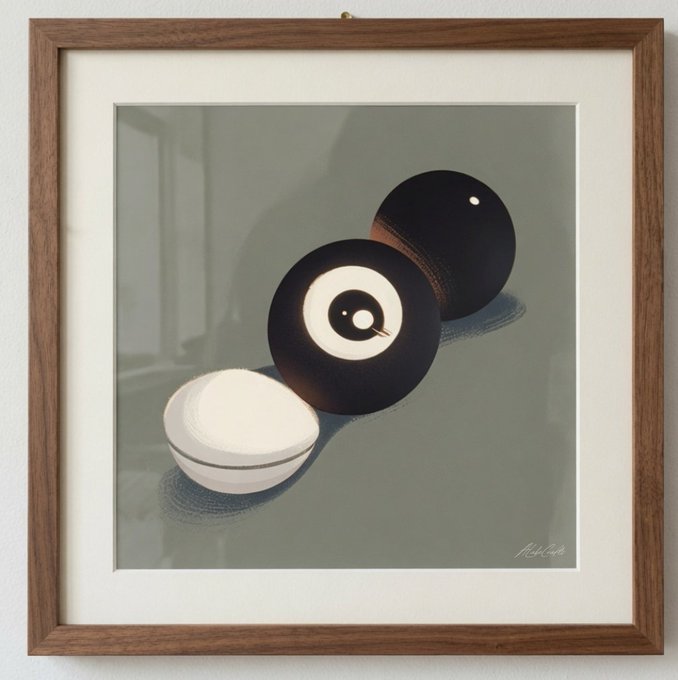 A framed minimalist still life painting depicting a peeled white mandarin orange next to its dark, rounded peel on a muted gray surface, displayed in a wooden frame.