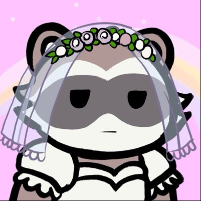 A cartoon-style illustration of a raccoon wearing a bridal veil and floral crown, standing against a pink background with a rainbow, sporting a grumpy or unimpressed expression.
