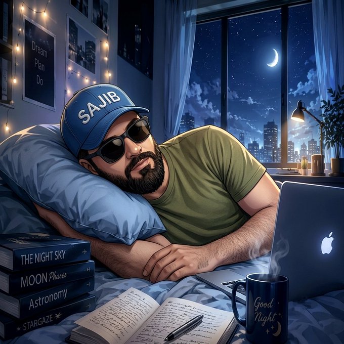 An illustration of a bearded man wearing a 'SAJIB' cap and sunglasses sleeping on a pillow with a MacBook, surrounded by books titled 'THE NIGHT SKY', 'MOON Phases', and 'Astronomy', with a 'Good Night' mug.