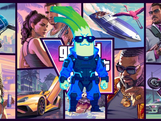 A collage-style image featuring a blue cartoon character with green hair and pixelated sunglasses in the center, surrounded by scenes from a video game including a woman, a man, a jet ski, a yellow car, and a character with sunglasses.