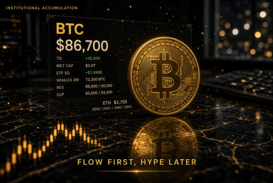 The image displays a Bitcoin market dashboard highlighting BTC at $86,700 with institutional metrics: a 7-day gain of +$10,000, market cap of $3.0T, $1.698B in ETF inflows, and 73,300 BTC held by whales, alongside the tagline "FLOW FIRST, HYPE LATER" and a physical Bitcoin coin on a cracked surface.

The visual reinforces the post's central thesis of "flow first, hype later"—pairing the $1.698B ETF inflow figure and whale accumulation data with a solemn, grounded aesthetic to emphasize that institutional capital, not retail euphoria, is driving this rally.