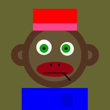 A digital illustration features a brown monkey face with green eyes, a red mouth, and a red and pink striped hat on an olive green background.