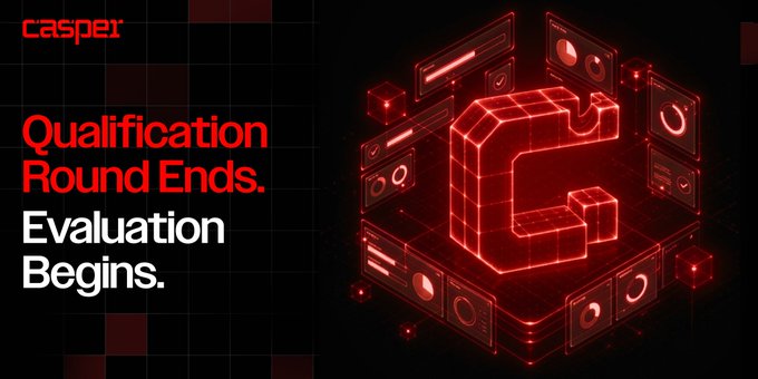 The image features a futuristic, neon red "C" logo surrounded by digital interface elements on a dark background, alongside the text "Qualification Round Ends. Evaluation Begins." with the Casper logo in the top left, visually announcing the transition from the qualification phase to the evaluation phase of the Casper Agentic Buildathon.