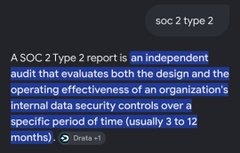 A screenshot showing a definition for 'SOC 2 Type 2', describing it as an independent audit evaluating an organization's internal data security controls.