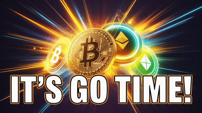 The image displays a vibrant graphic featuring physical representations of Bitcoin (BTC), Ethereum (ETH), and Litecoin (LTC) coins surrounded by explosive orange and blue light rays, with bold text reading "IT'S GO TIME!" at the bottom. This energetic, urgent visual aligns perfectly with the accompanying post's headline warning of a critical "Point Of No Return" for Bitcoin and the crypto market.