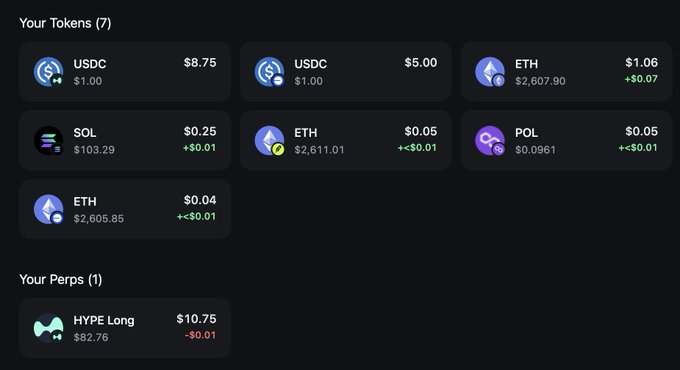 A crypto wallet interface displaying "Your Tokens (7)" including USDC ($8.75, $5.00), ETH ($1.06), SOL ($0.25), ETH ($0.05), POL ($0.05), and ETH ($0.04), plus "Your Perps (1)" showing a HYPE Long position valued at $10.75.
