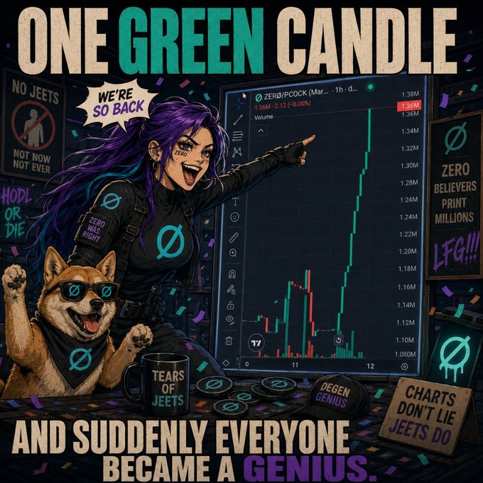 A vibrant crypto meme illustration featuring a purple-haired woman pointing excitedly at a green candlestick chart, with text reading 'ONE GREEN CANDLE AND SUDDENLY EVERYONE BECAME A GENIUS' alongside slogans like 'WE'RE SO BACK', 'HODL OR DIE', and 'TEARS OF JEETS'.