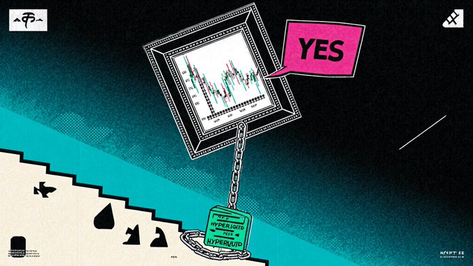 The image features a cartoon illustration of a large frame with a pink "YES" sign, surrounded by various objects such as a cat, a bird, and a person. The scene takes place outdoors, possibly at a beach or near some stairs. The main focus is on the frame itself, which has a chain attached to it. The image also contains text that reads "@OpenSea Product Marketing Lead Zack Brenner @zjbrenner hinted that the NFT giant is building perpetual contracts on @HyperliquidX's infrastructure".