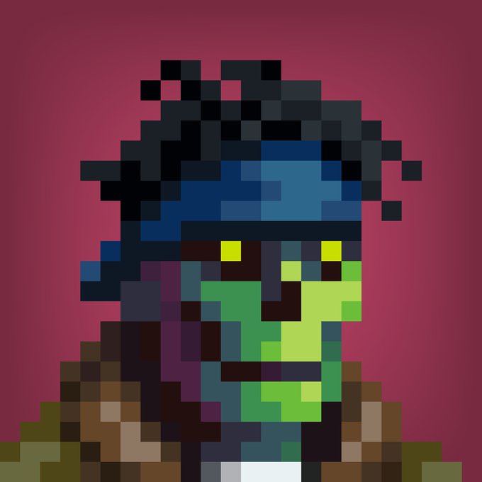 A pixel art portrait shows a green-skinned character with dark hair and yellow eyes against a maroon background, rendered in a blocky low-resolution style.