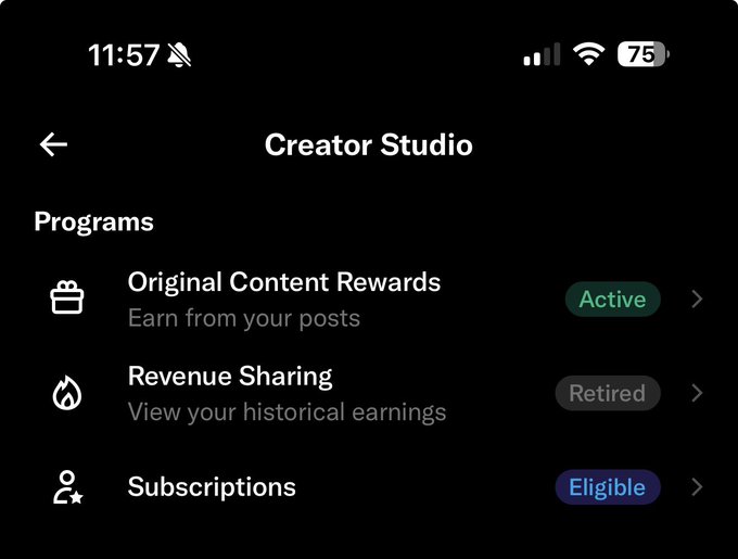 A screenshot of a Creator Studio mobile app showing Programs including Original Content Rewards (Active), Revenue Sharing (Retired), and Subscriptions (Eligible).