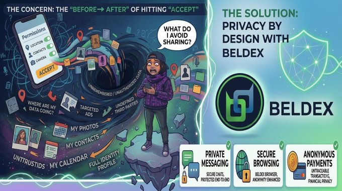 An illustrated graphic contrasts user data vulnerability after accepting app permissions with Beldex's "Privacy by Design" solution, highlighting its features of private messaging, secure browsing, and anonymous payments via the $BDX token.