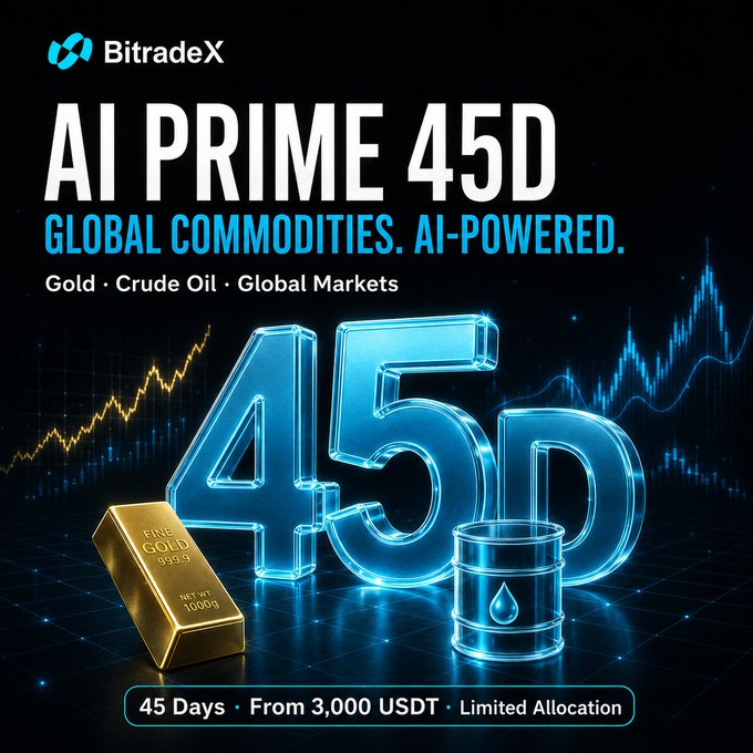 A BitradeX promotional graphic for "AI PRIME 45D" advertises an AI-powered global commodities investment product covering Gold, Crude Oil, and Global Markets, featuring a glowing blue "45D" alongside a gold bar (999.9 fine, 1000g) and oil barrel, with details noting a 45-day term starting from 3,000 USDT and limited allocation—visually reinforcing the post's offer of a 0.5% daily base yield plus 20% boost for the first 10,000 orders.
