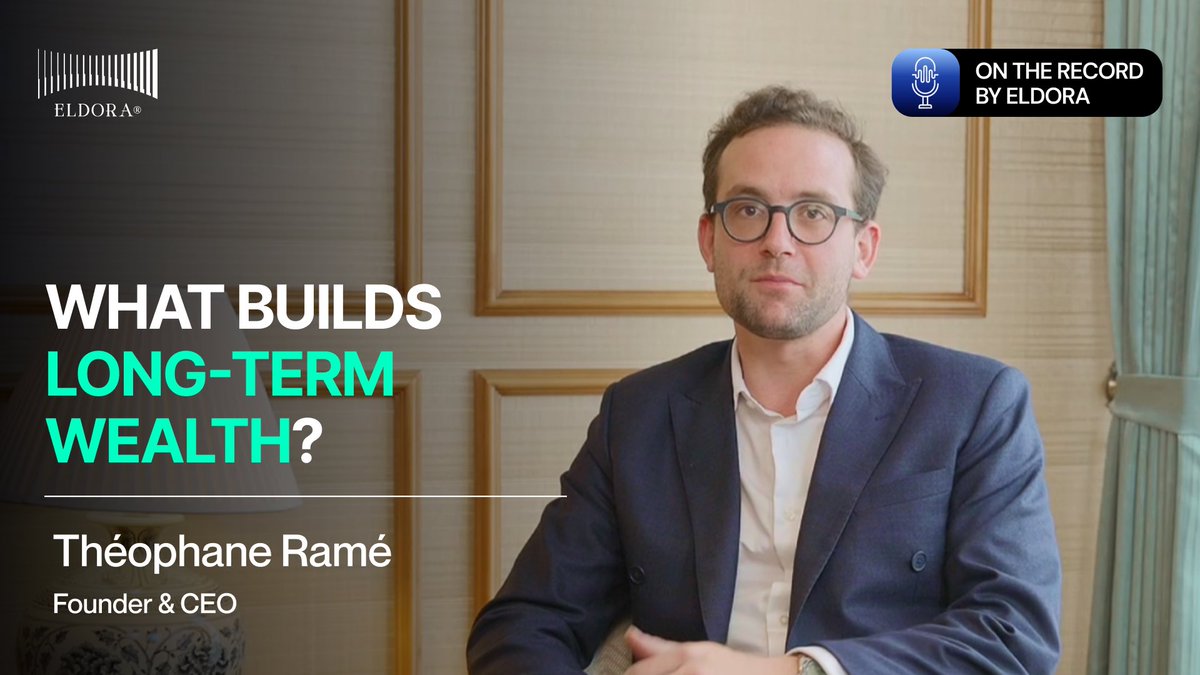 A video thumbnail featuring a man in glasses and a blue suit, with text reading 'WHAT BUILDS LONG-TERM WEALTH? Théophane Ramé, Founder & CEO' and 'ON THE RECORD BY ELDORA.'
