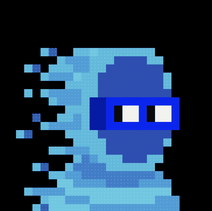 A pixel art illustration of a blue ninja character with a mask covering its face, leaving only white eyes visible, against a black background.