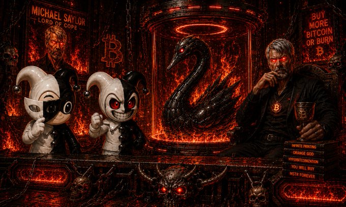 A dark, hellish crypto-themed scene depicts a Michael Saylor figure with glowing red eyes on the right, "BUY MORE BITCOIN OR BURN" text on the wall, two sinister jester dolls, a Bitcoin swan inside a fiery cage, and stacked books labeled "INFINITE PRINTING," "ORANGE GOD," "INFRADIGITALIZATION," "YOU WILL BUY," and "BTC FOREVER" — visually framing Bitcoin as a demonic, all-consuming force the narrator is monitoring, much like the $QUANT agent they describe watching the crypto market on their behalf.