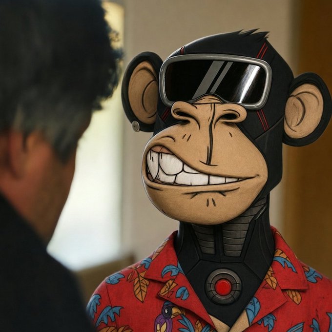 A 3D-rendered anthropomorphic monkey wearing a black visor and a red floral shirt, grinning widely at another character in the scene.