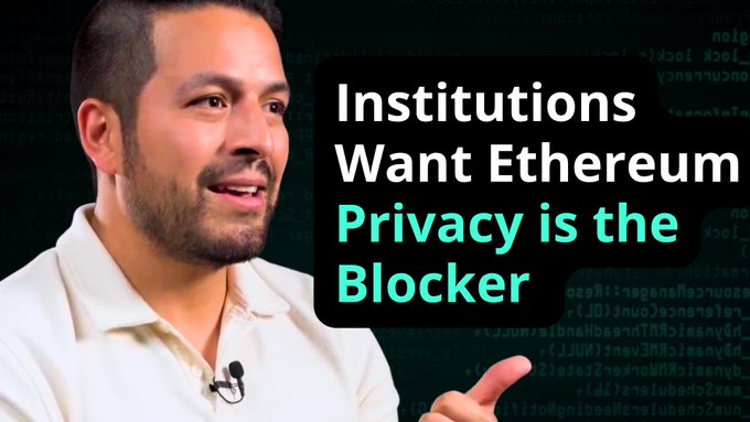 Andy Guzman from the Ethereum Foundation's Privacy & Scaling Explorations team appears in a YouTube thumbnail with overlaid text reading "Institutions Want Ethereum, Privacy is the Blocker," highlighting his discussion on why privacy is essential for institutional adoption of public blockchains.