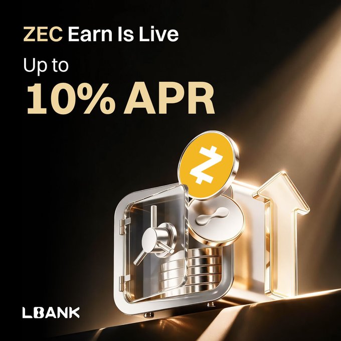 Lbank's text advertisement promoting ZEC Earn with up to 10% APR, featuring a 3D render of a transparent safe filled with gold ZEC coins beside a glowing upward arrow.