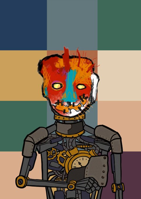 A colorful digital illustration depicts a menacing robotic figure with a red and blue stitched face, glowing yellow eyes, and exposed gears in its chest, set against a grid of muted color blocks.