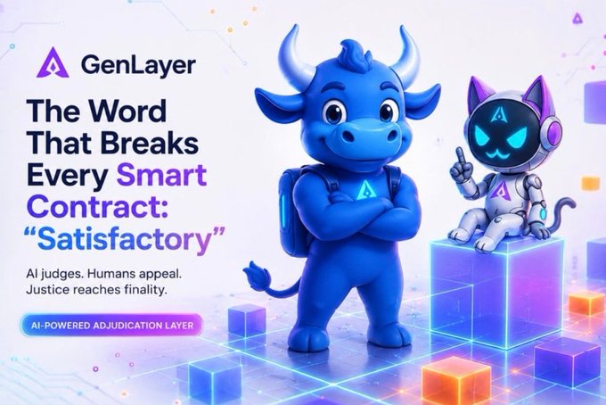 The image features two cartoon characters, one blue cow and one purple robot cat, standing next to each other against a white background with blocks arranged around them. The caption below the image reads "The word that breaks every smart contract: ' satisfaction'". This suggests that the image is related to a discussion about the importance of user experience in smart contracts or blockchain technology.