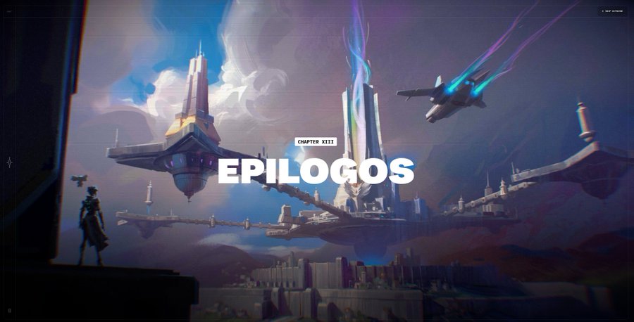 Fantasy artwork titled 'EPILOGOS' for Chapter XIII, depicting floating futuristic cities, a spaceship, and a small figure overlooking a vast sci-fi landscape.