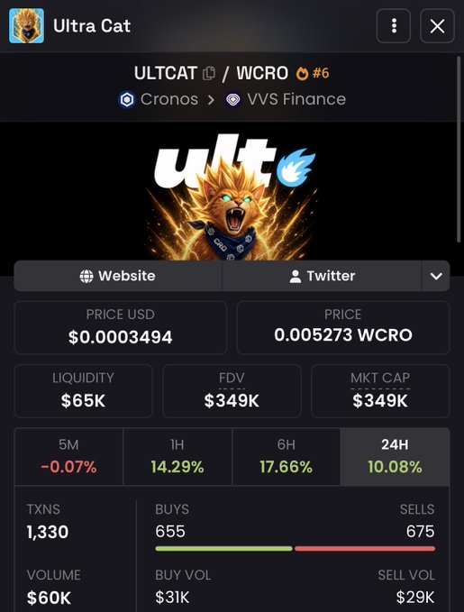 A cryptocurrency information screen for 'Ultra Cat' (ULTCAT/WCRO #6) on Cronos/VVS Finance, showing a price of $0.0003494, market cap of $349K, and 24-hour gains of 10.08%, featuring a roaring orange cat graphic.