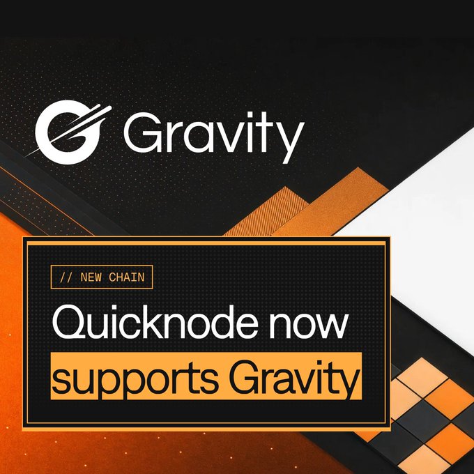 A promotional graphic with the 'Gravity' logo on a dark textured background, featuring orange geometric accents and a banner stating '/// NEW CHAIN: Quicknode now supports Gravity'.