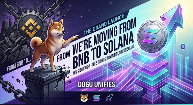A promotional graphic featuring a Shiba Inu dog on a podium with text reading 'THE GRAND LAUNCH WE'RE MOVING FROM BNB TO SOLANA' and 'DOGU UNIFIES', along with cryptocurrency logos.