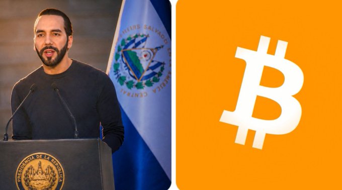 A split image showing El Salvador President Nayib Bukele speaking at a podium on the left, next to a large orange Bitcoin logo on the right.