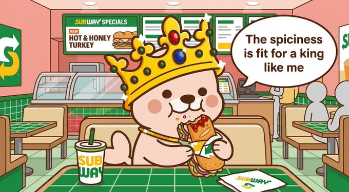 An illustrated Subway mascot wearing a crown holding a sandwich, with a speech bubble reading 'The spiciness is fit for a king like me'.