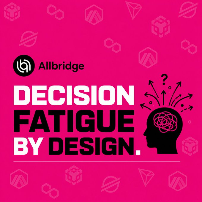 A bright pink graphic from 'Allbridge' featuring a silhouette head with tangled arrows and a question mark, with bold text reading 'DECISION FATIGUE BY DESIGN.'