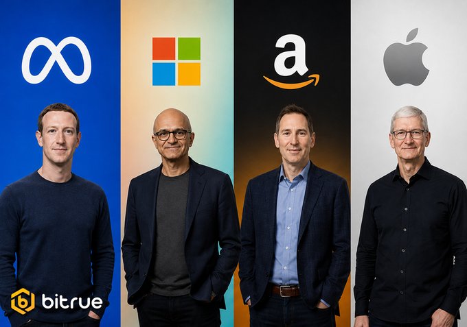 This image features the CEOs of Meta, Microsoft, Amazon, and Apple, aligning with the post's mention of upcoming Big Tech earnings and the opportunity to trade volatility on Bitrue Futures. The Bitrue logo is also visible in the lower left corner.