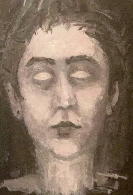 A watercolor painting depicting a pale figure with shadowed eyes and dark hair set against a brown background.