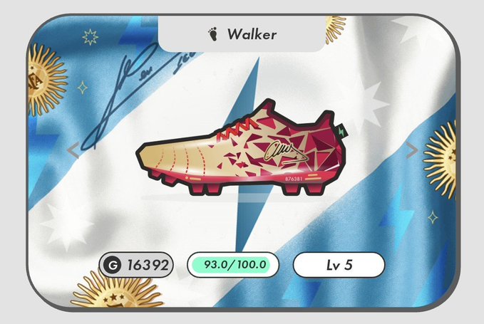 A digital collectible display shows a "Walker" sneaker with red laces on a blue and white flag-themed background, displaying stats of G 16392, 93.0/100.0, and Lv 5.