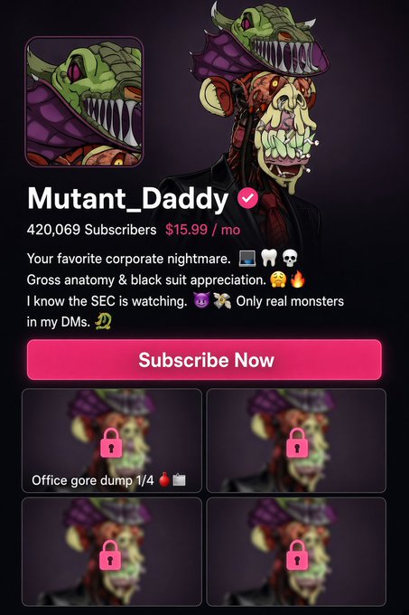 The image shows a subscription page for "Mutant_Daddy," a creator with 420,069 subscribers at $15.99/month, featuring a grotesque green reptilian creature in a suit as the profile art and four locked thumbnails below a "Subscribe Now" button. The accompanying "GM! Happy Mutant Monday! Feet pics are extra" post playfully matches the page's dark humor and suggestive tone, with the "extra" fee likely a joke tied to the paid subscription price shown.