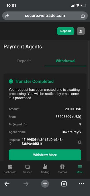 A mobile screenshot from secure.weltrade.com showing a completed withdrawal transaction of 20.00 USD to payment agent 'BakarePayfx' with Request ID 1f11950f-fe3f-65d0-b348-f3f59e4d5f1f.